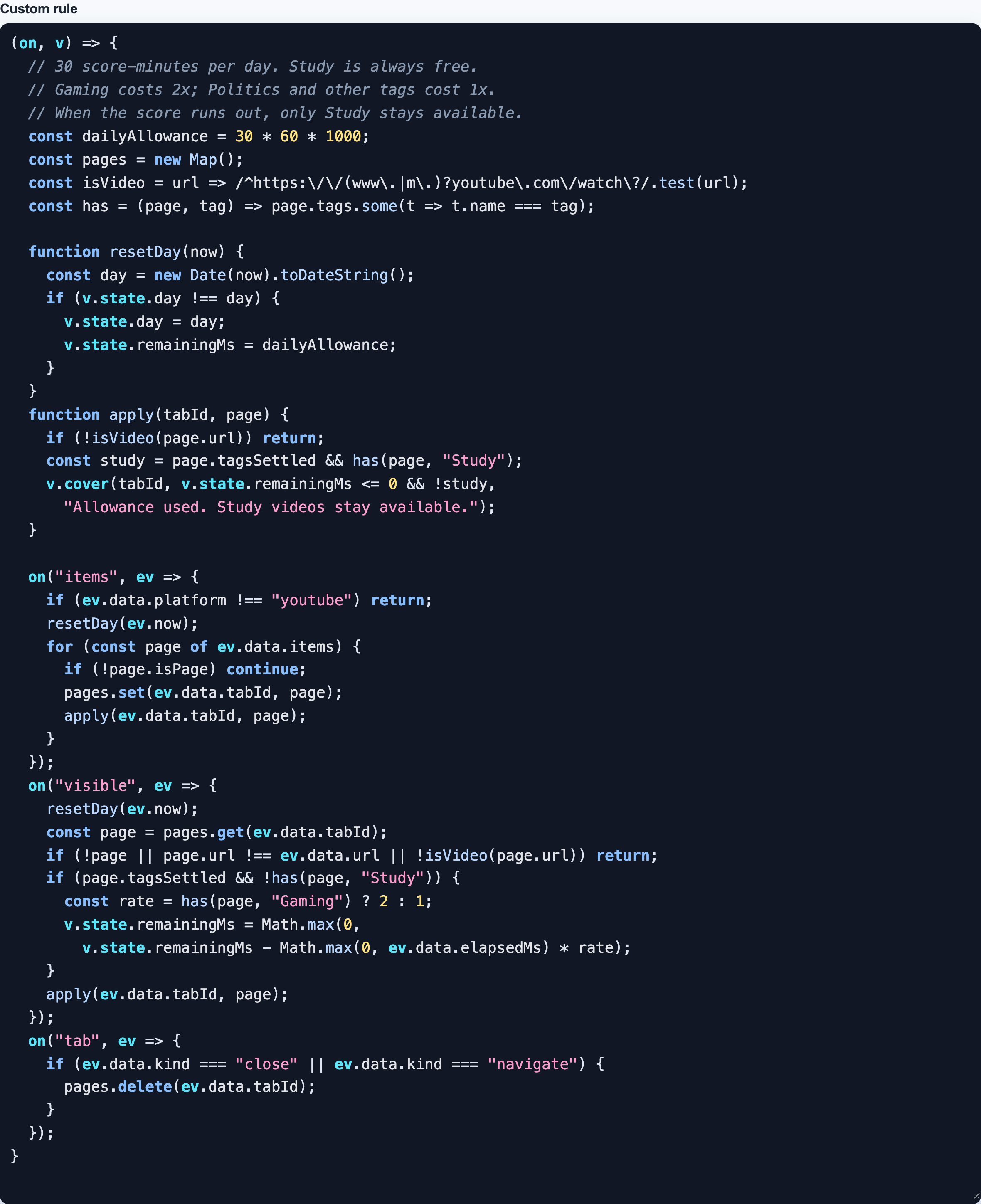 Vault’s real custom rule editor showing the complete weighted video allowance rule: Study is free, Gaming costs twice as much, and the daily pool has 30 score-minutes.